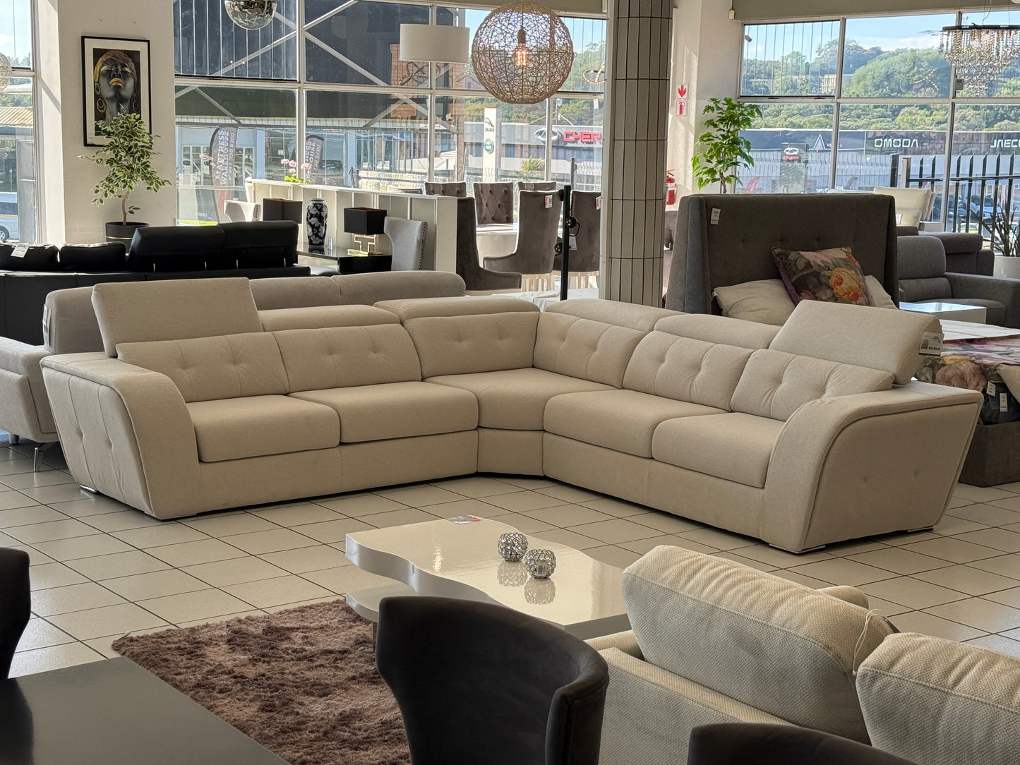 Light grey sectional sofa in a showroom 