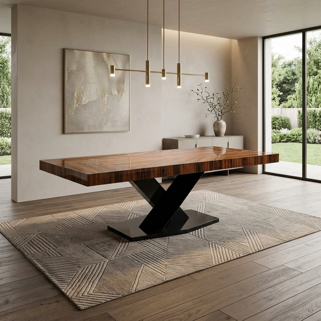 Luxury wooden dining table with black criss-cross steel legs. Galeria SA