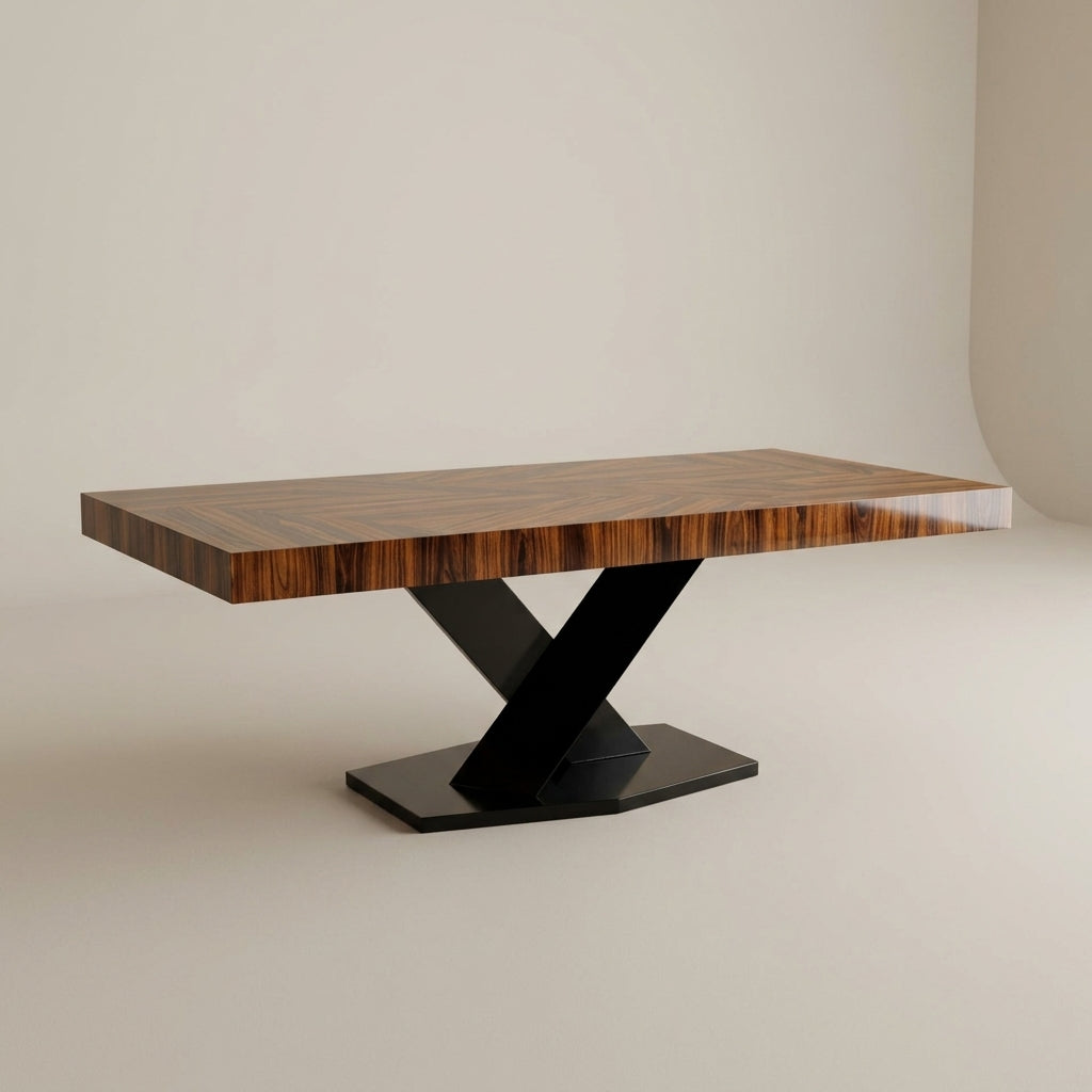 Luxury wood-top 8 seater dining table with black criss-cross steel legs. Galeria SA