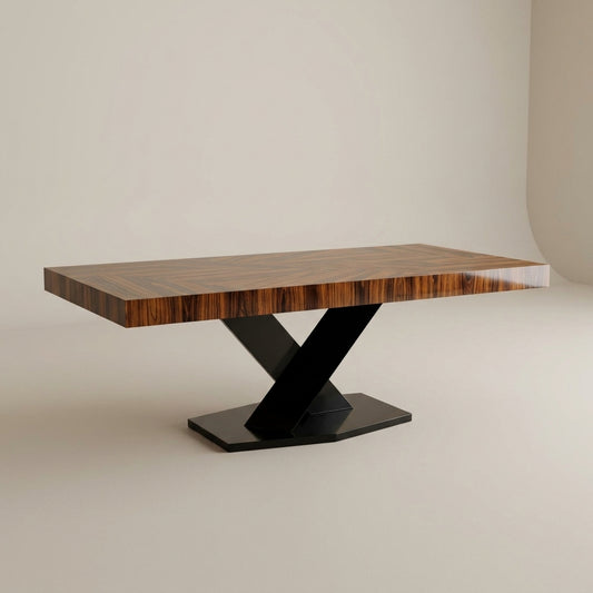 Luxury wood-top 8 seater dining table with black criss-cross steel legs. Galeria SA