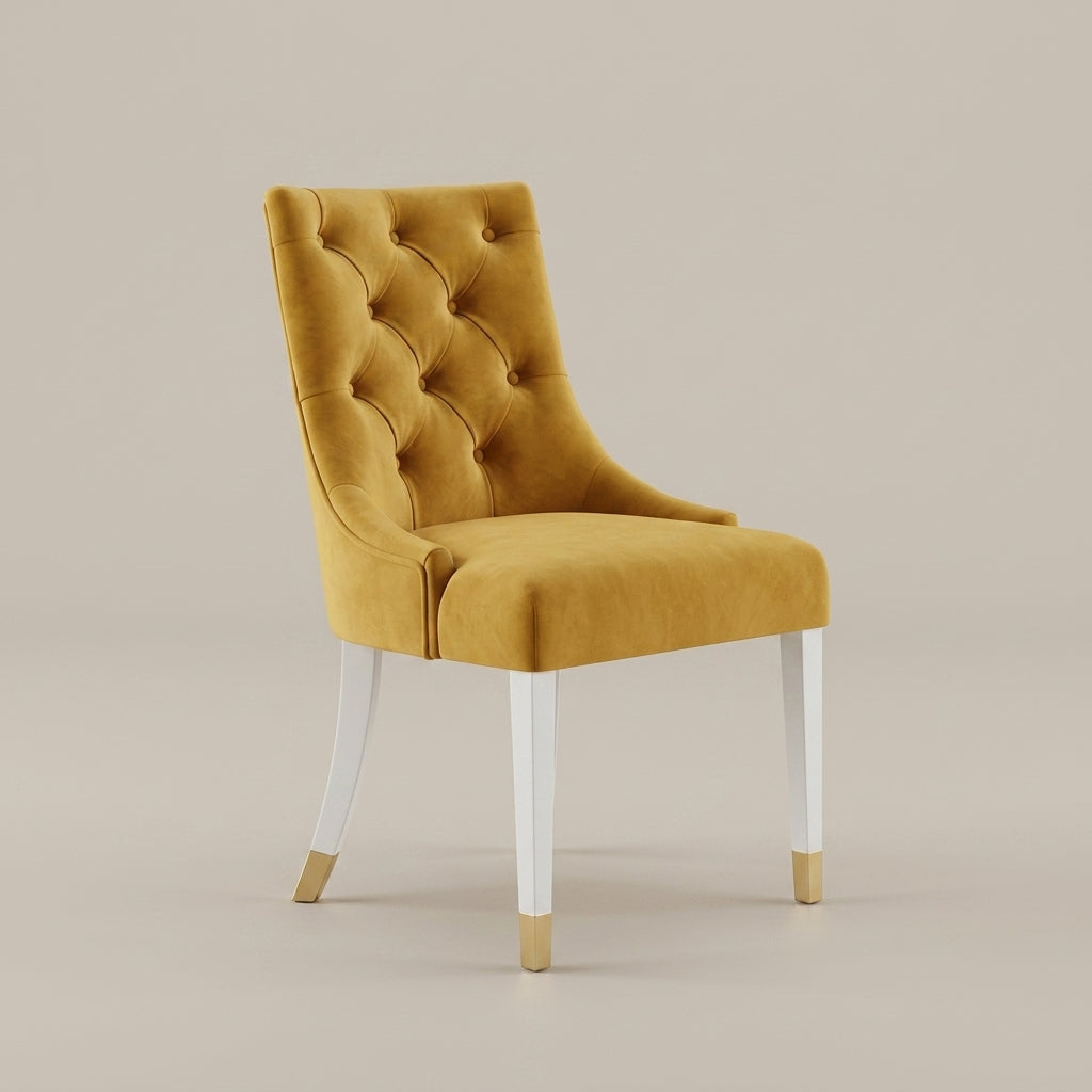 Luxury dining chair in yellow velvet fabric with white legs and gold tips
