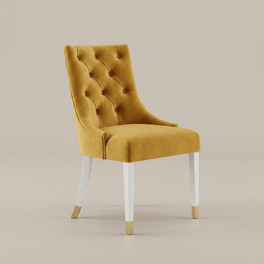 Luxury dining chair in yellow velvet fabric with white legs and gold tips