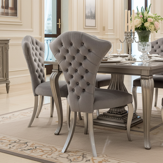 Wingback luxury dining chair with deep button detail on the back rest and silver wooden curved legs.