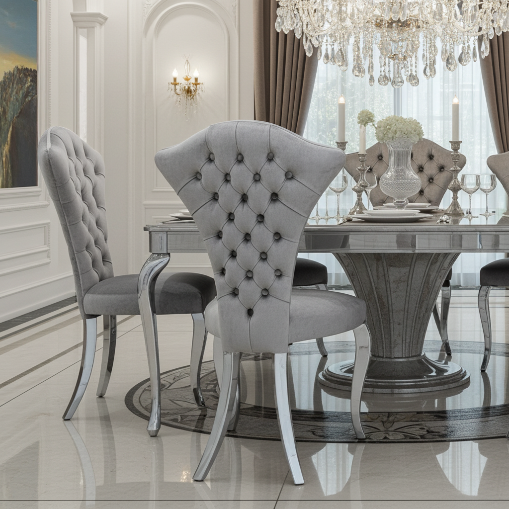 Luxury wingback dining chairs in grey fabric and silver legs