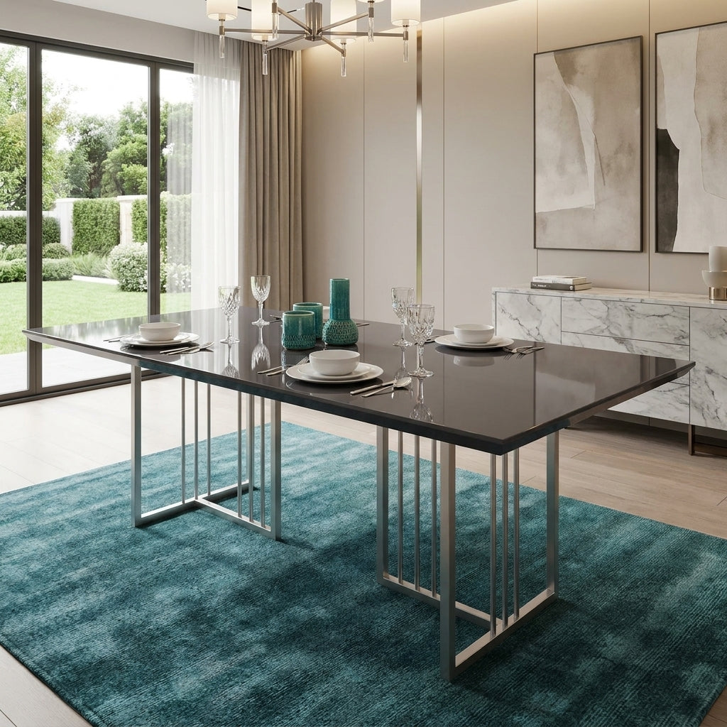 Gloss charcoal wood dining table surface, modern luxury dining furniture South Africa handmade in Europe