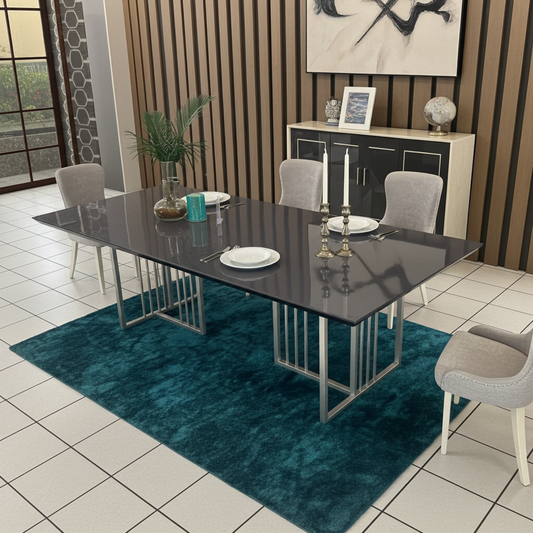 Thick  grey wood gloss table top with silver steel legs.
