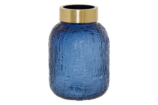 Blue glass vase with gold rim detailing.