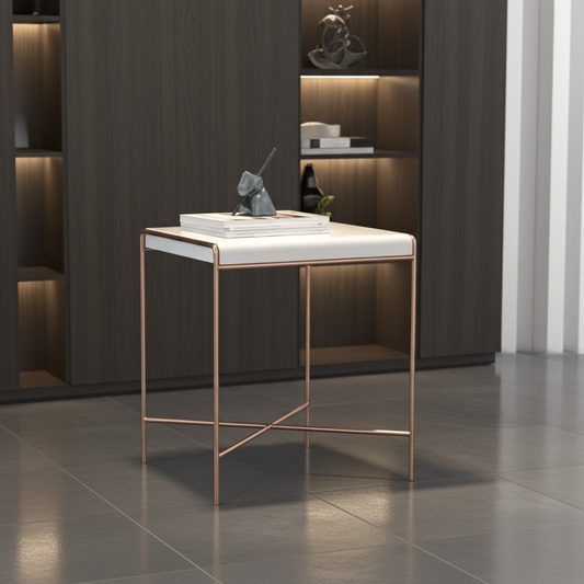 Azores side table in gloss ivory wood top and gold steel legs