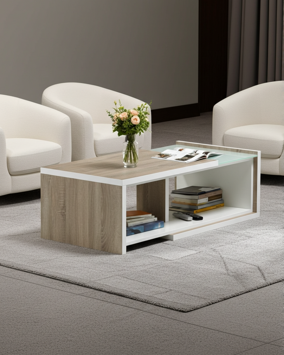 Rectangular wood coffee table with partial glass top