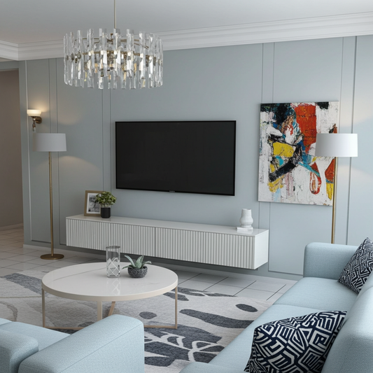 floating tv stand in white wood