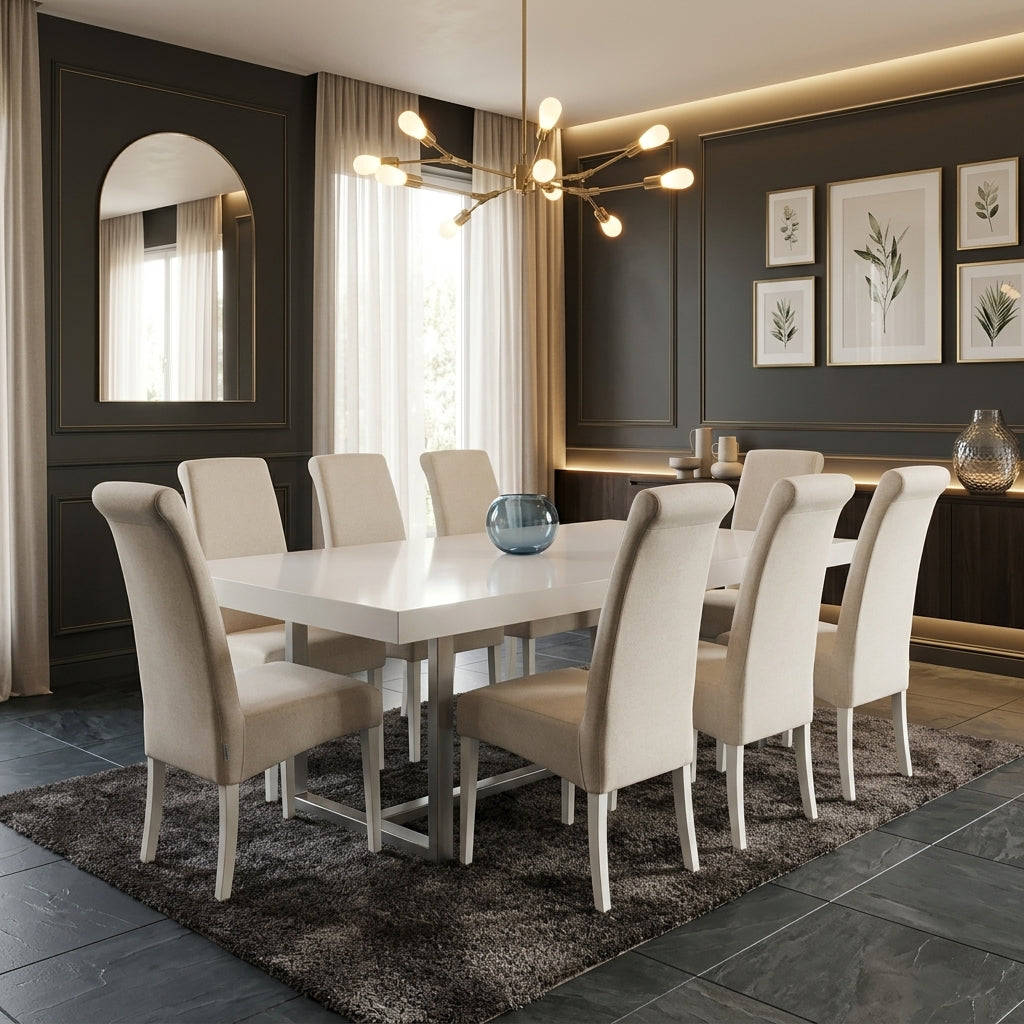 Bona dining chairs in cream fabric in a living room setting with the Kalise white dining table. Galeria Furniture South Africa.