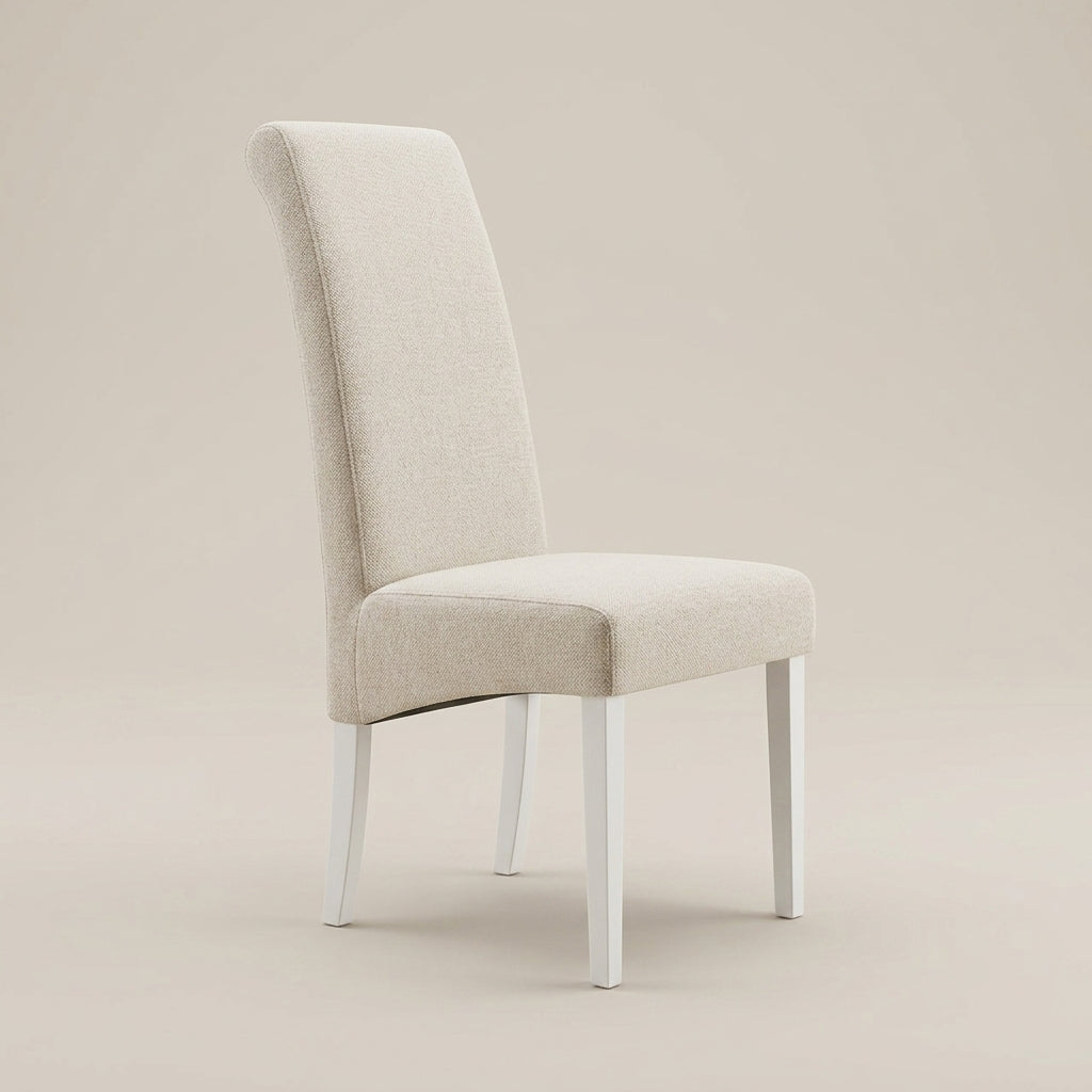 Bona dining chair with high back and white wooden legs. Galeria Furniture South Africa.
