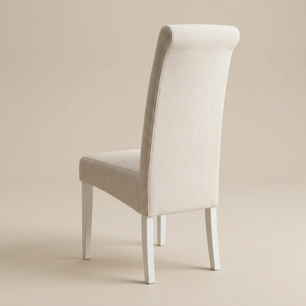 Back view of Bona dining chair with high back and white wooden legs. Galeria Furniture South Africa.