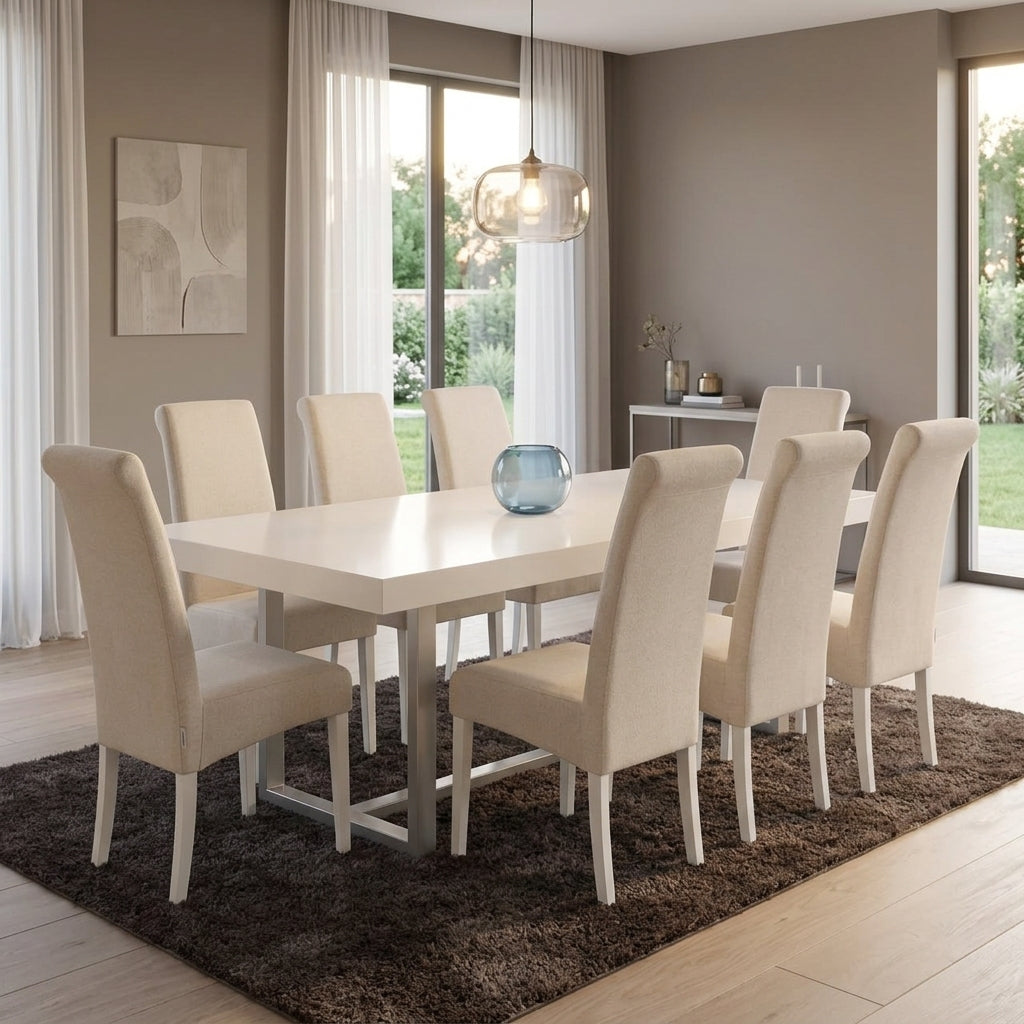 Bona dining chairs in cream fabric in a living room setting with the Kalise white dining table. Galeria Furniture South Africa.
