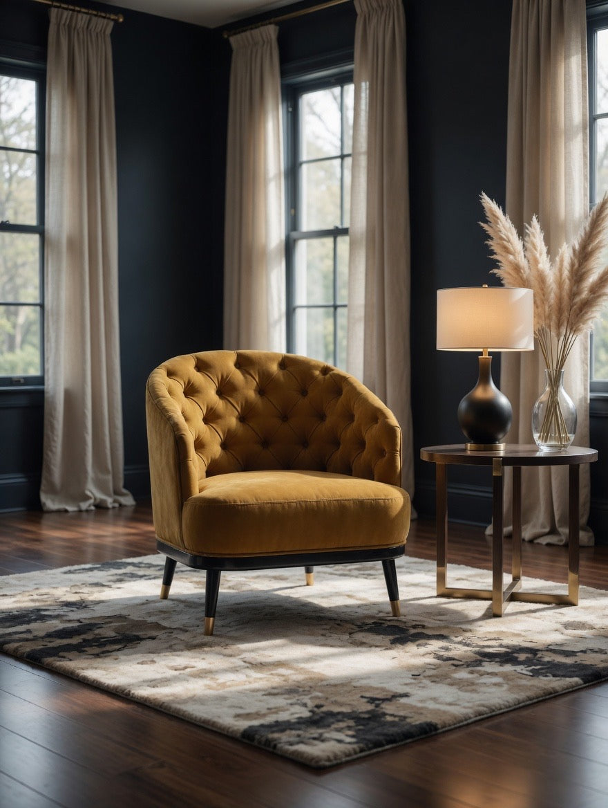 A luxury accent chair in luxury yellow fabric. This armchair is handcrafted in Europe and is sold exclusively at Galeria Furniture South Africa.