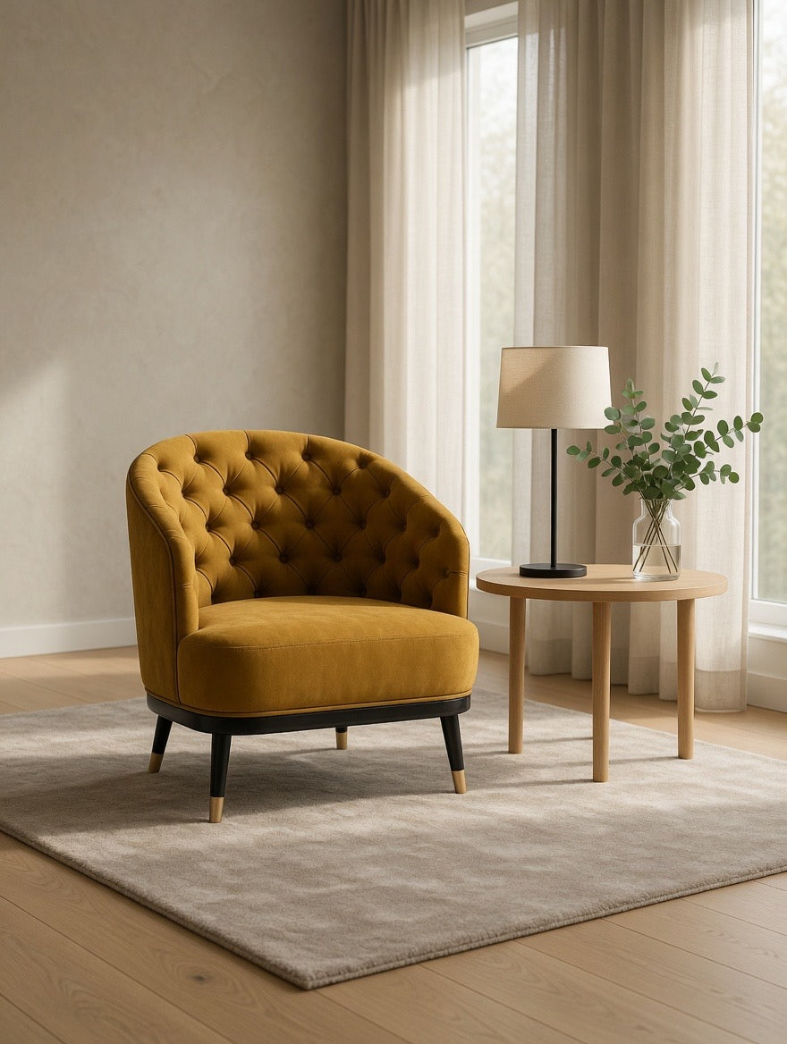 A large luxury armchair for living rooms or dining rooms. Available at Galeria luxury furniture South Africa. Upholstered in mustard fabric with dark wood frame and legs.