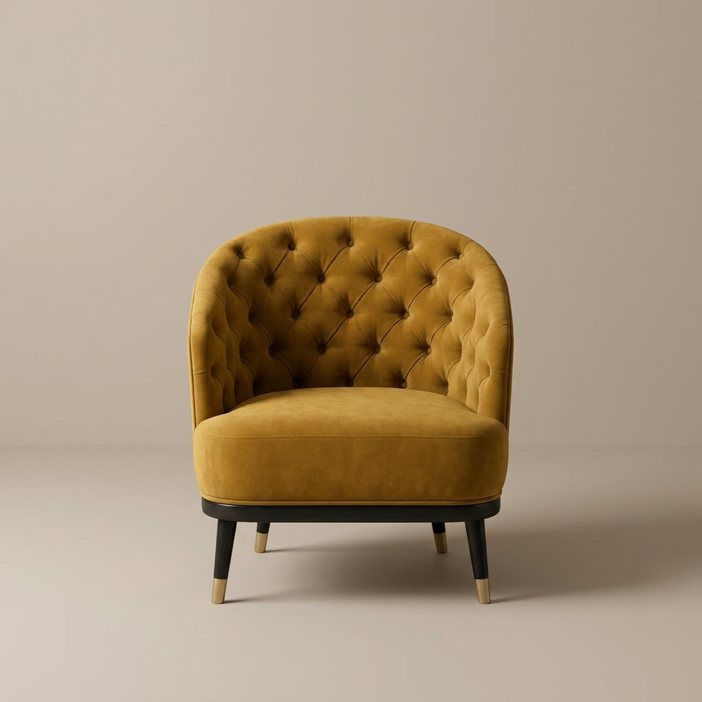 Bonne mustard armchair with deep button backrest and gold tip feet – designer furniture Nelspruit