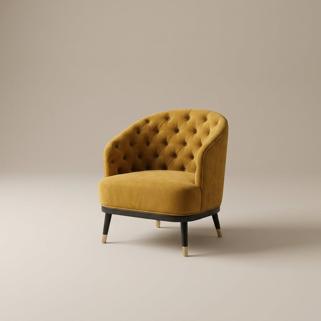 Bonne accent chair side view – dark wood frame and mustard upholstery – South Africa