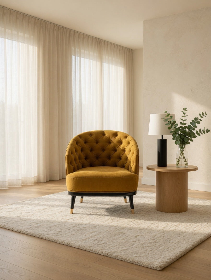 Mustard fabric designer armchair with deep button detailing and gold tip legs. This luxury accent chair is exclusive to Galeria Furniture South Africa and is handcrafted in Europe.
