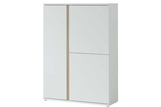 White and light oak wood cabinet. Floor standing cabinet  with 3 doors.