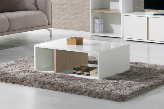 Rectangular coffee table in white wood and light oak wood finish