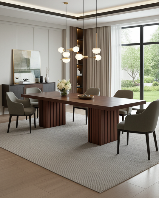 solid wood dining table with slatted square legs, this table is customisable in a stain colour of your choice and size.