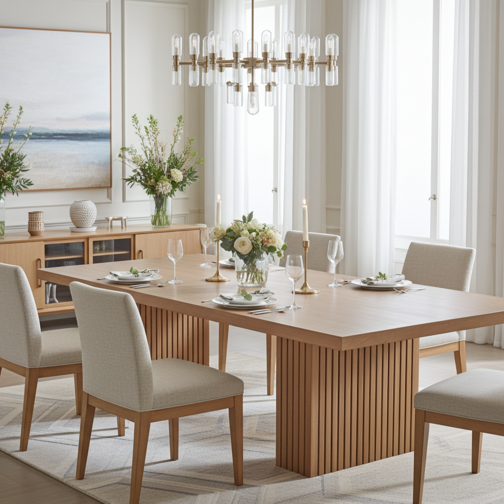 solid wood dining table with slatted square legs, this table is customisable in a stain colour of your choice and size.