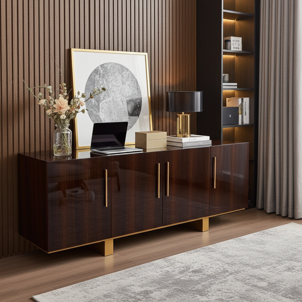 Luxury wood sideboard cabinet with gold accents.