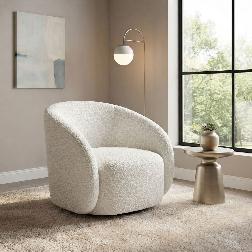 Curved Armchair in luxury soft boucle. GALERIA FURNITURE SOUTH AFRICA.