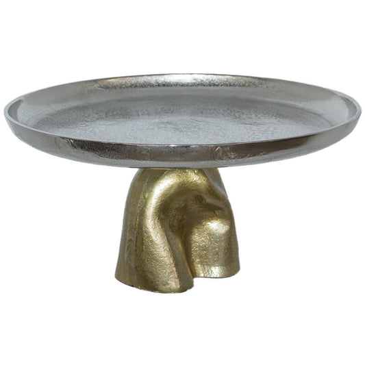 gold and silver metal display platter with central leg
