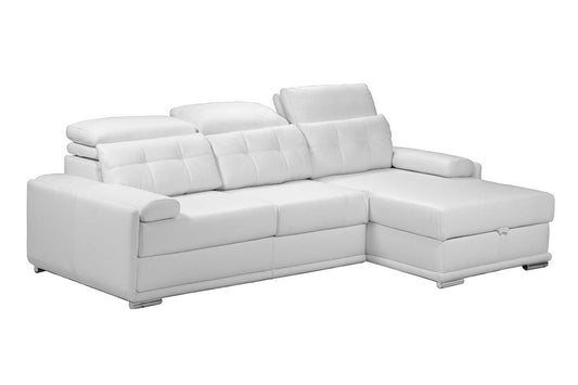 White leather L-shape couch with adjustable headrests. This daybed corner couchhas a hidden storage trunk under the daybed section.