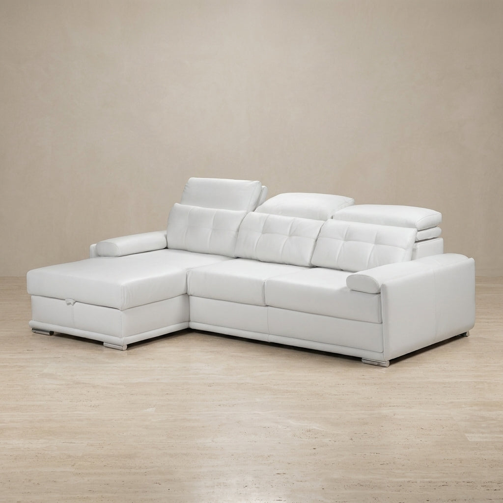 White leather luxury L-shape sofa adjustable headrests and storage. Galeria Furniture South Africa.