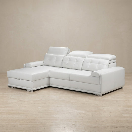 White leather luxury L-shape sofa adjustable headrests and storage. Galeria Furniture South Africa.