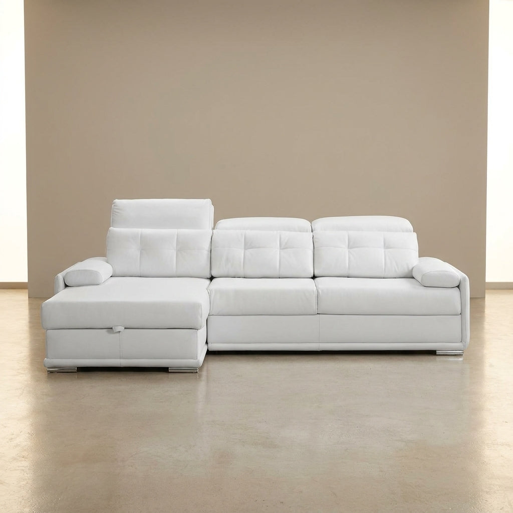 Luxury white leather L-shape sofa with adjustable headrests and a storage trunk under the daybed. This sofa is handmade in Europe and available exclusively at Galeria Furniture in mbombela.