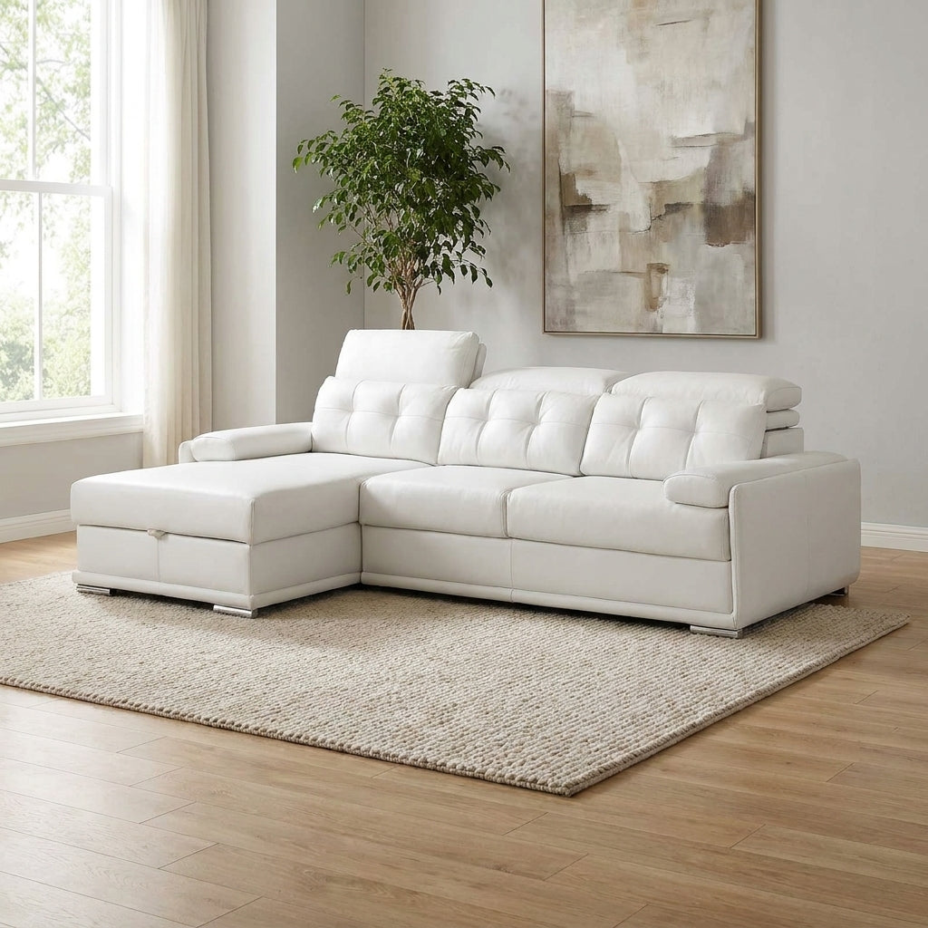 Designer white leather L-shape sofa with adjustable headrests. Galeria Furniture South Africa