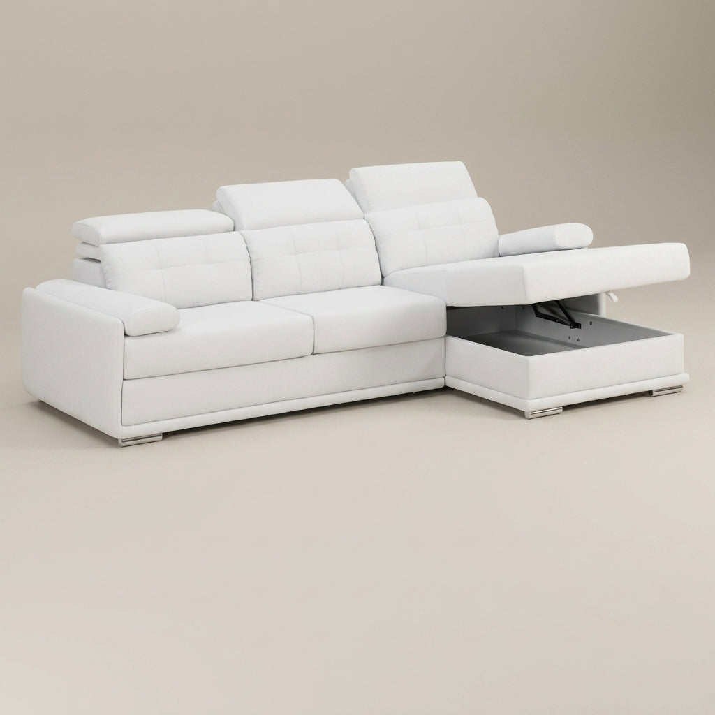 White leather sofa with storage under daybed. adjustable headrests. daybed sofa. Galeria Furniture. 