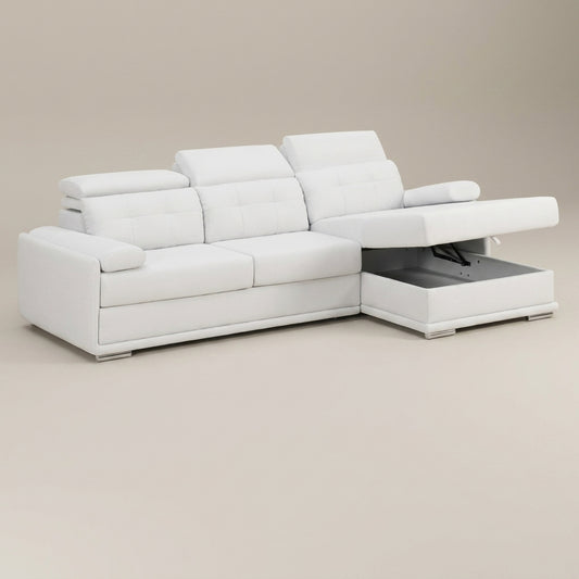 White leather sofa with storage under daybed. adjustable headrests. daybed sofa. Galeria Furniture. 