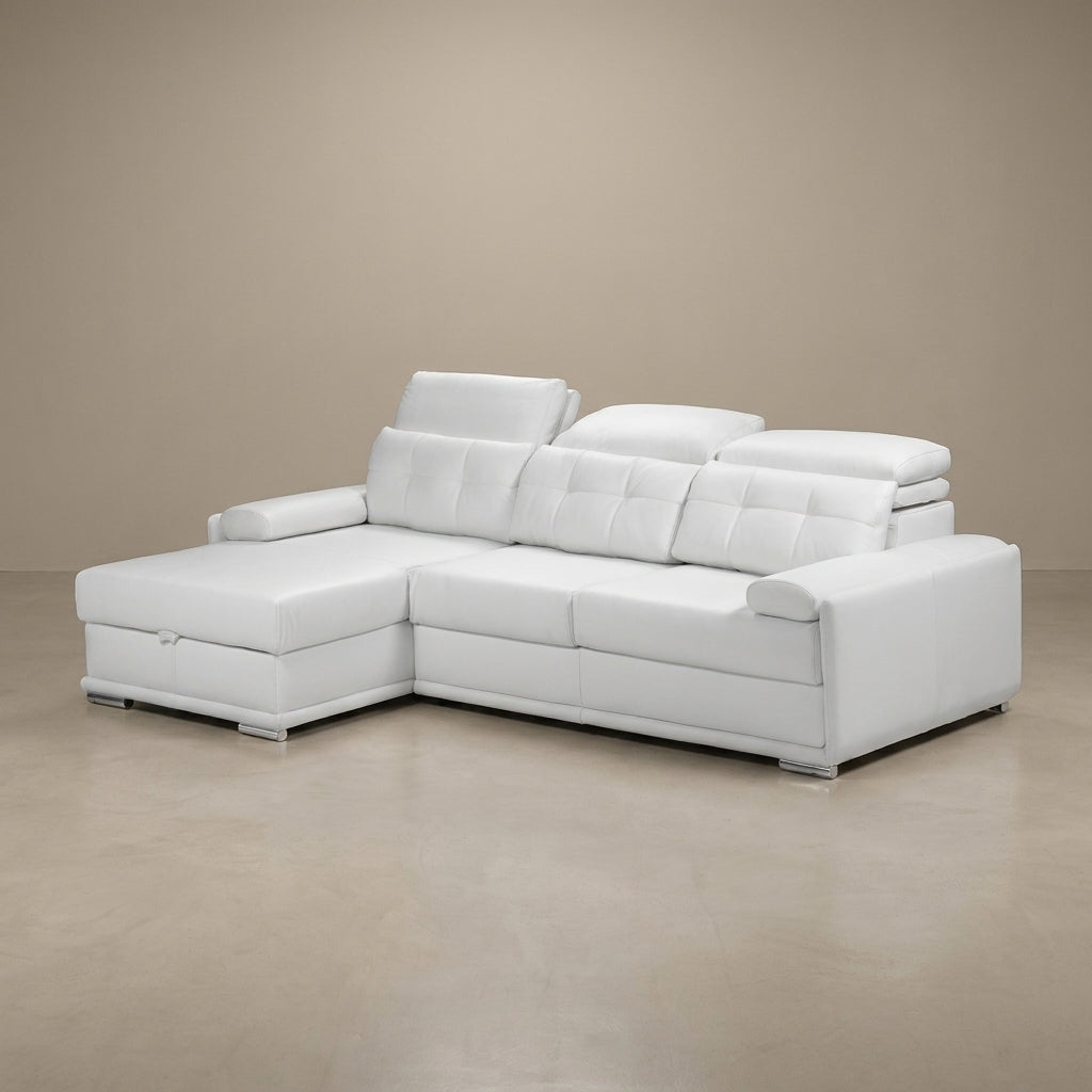 Luxury white leather L-shape sofa with adjustable headrests and a storage trunk under the daybed. This sofa is handmade in Europe and available exclusively at Galeria Furniture in mbombela.