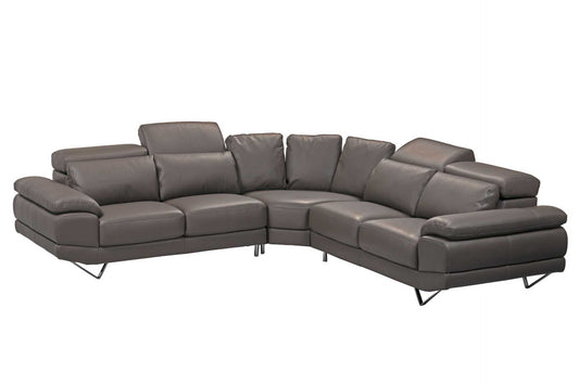 Dark grey leather corner couch with adjustable headrests. Handmade in Europe.