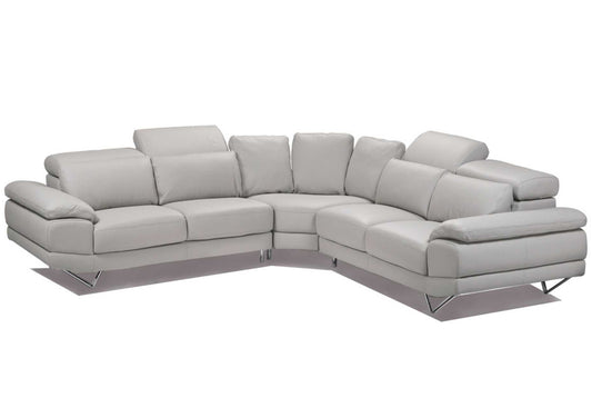 Light grey leather corner couch with adjustable headrests and extra padded back cushions for superior comfort. 