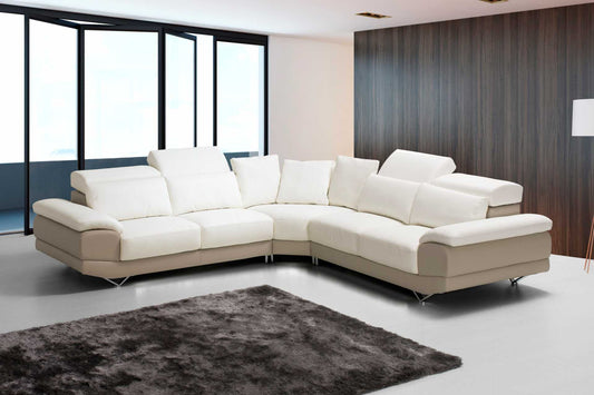 white and beige leather  corner couch with adjustable headrests