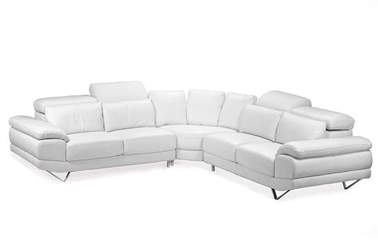 White leather corner couch with adjustable headrests and extra padded back cushions for superior comfort. Handmade in Europe.