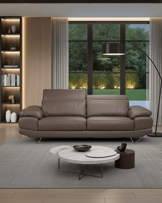 Luxury Brown leather 3 seater couch with chrome feet