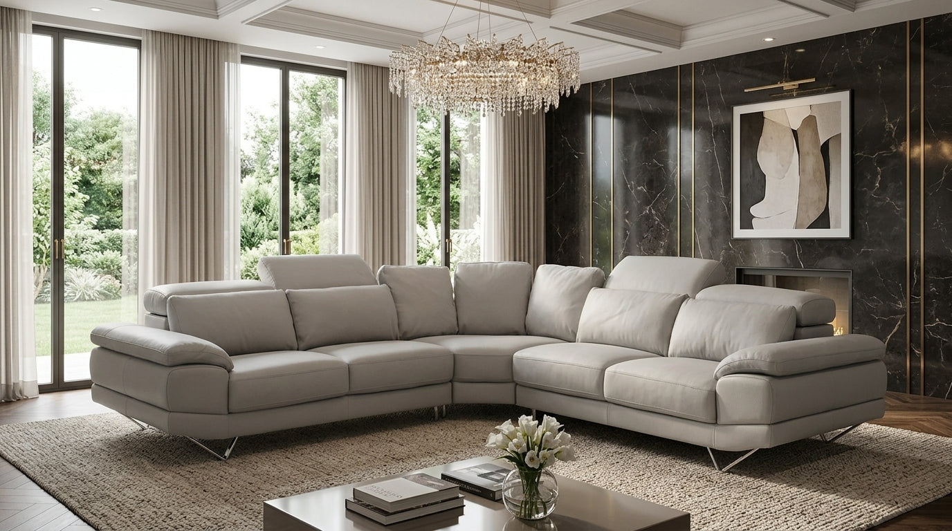 Light grey leather corner couch with adjustable headrests, luxury sofa. GALERIA Furniture South Africa