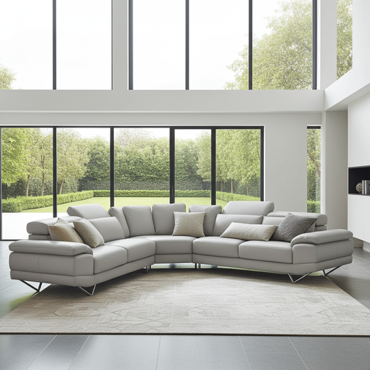 Luxury light grey leather corner couch with adjustable headrests