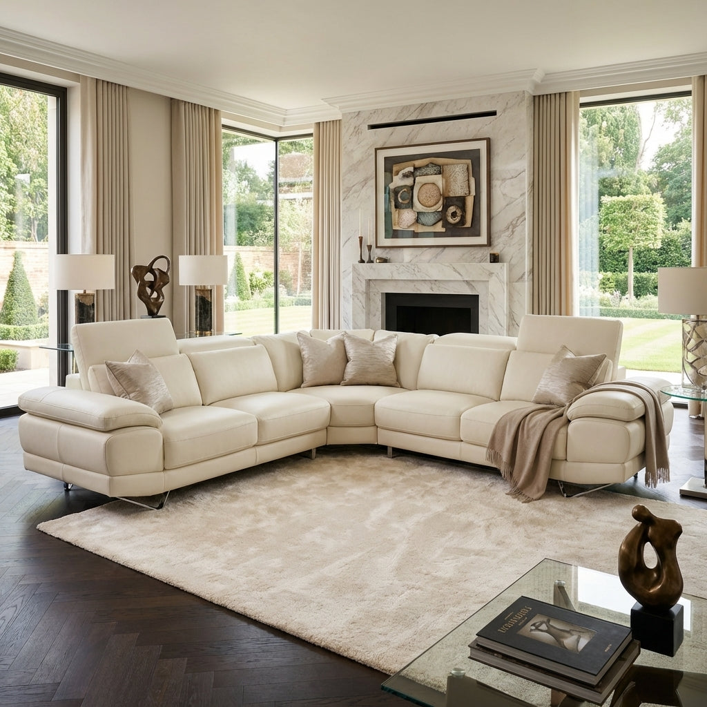 Buttery soft cream leather couch with adjustable headrests and chrome feet.