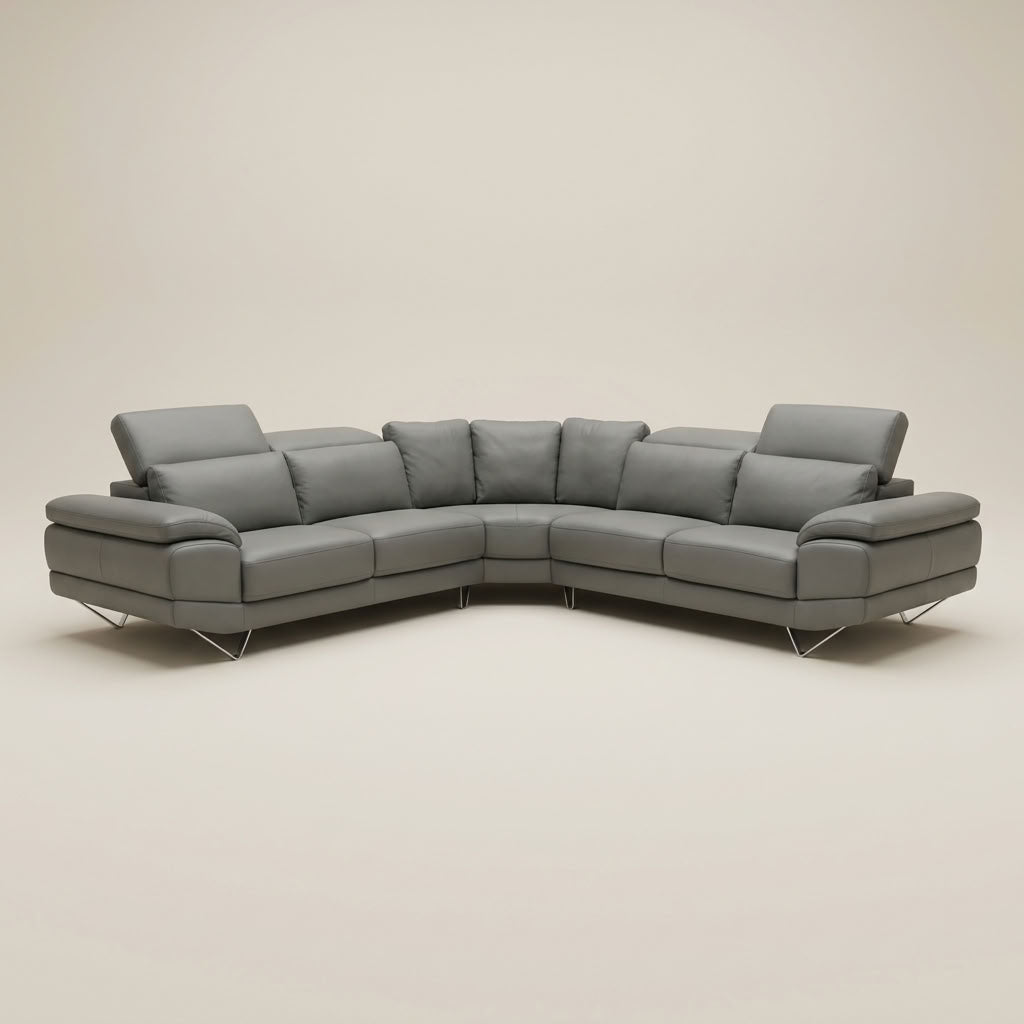 Luxury grey corner leather couch with adjustable headrests. GALERIA FURNITURE SOUTH AFRICA.