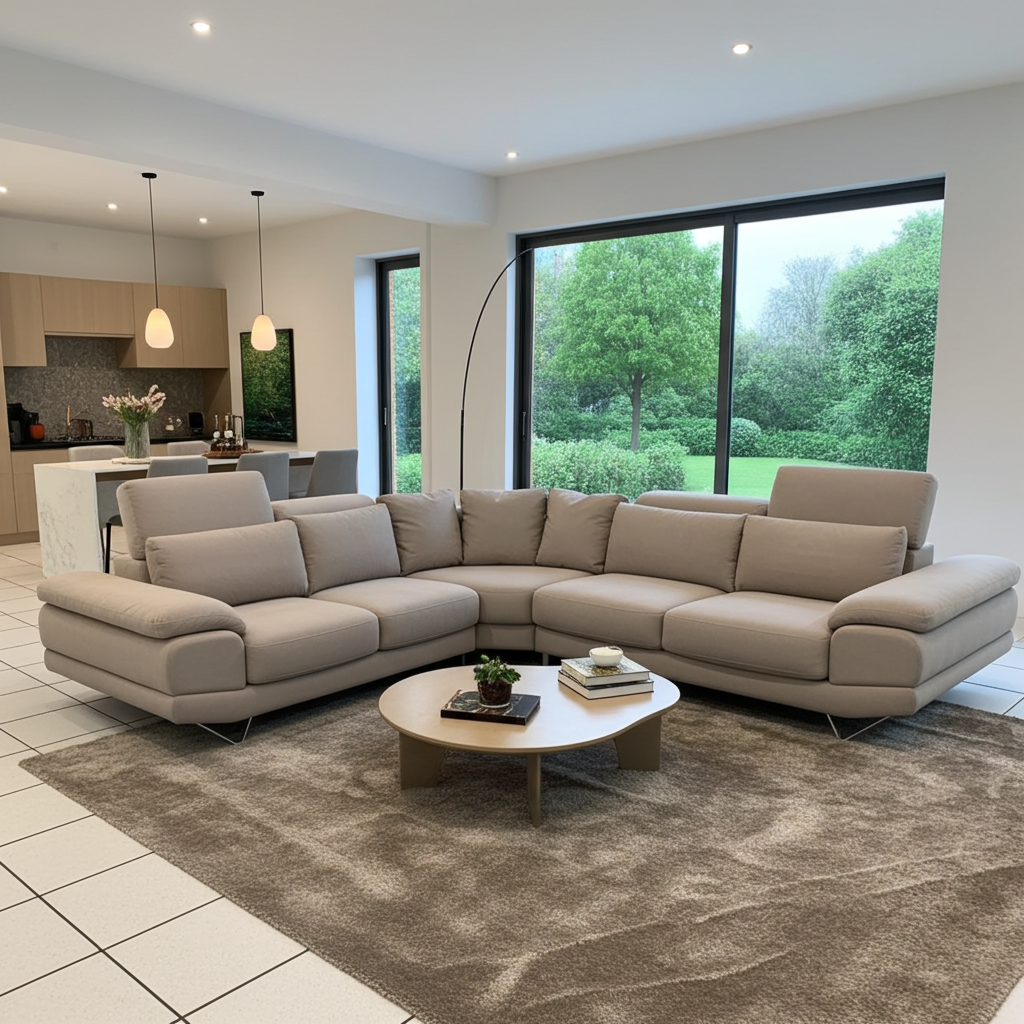 Designer corner couch in luxury taupe fabric, the sofa has adjustable headrests and superior comfort.  Handmade in europe.