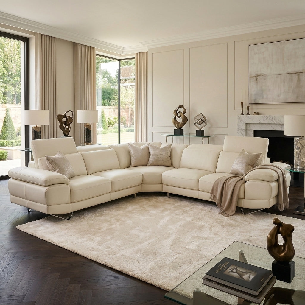 Cream leather corner couch adjustable headrests. Euro Crafted. Galeria Furniture South Africa.