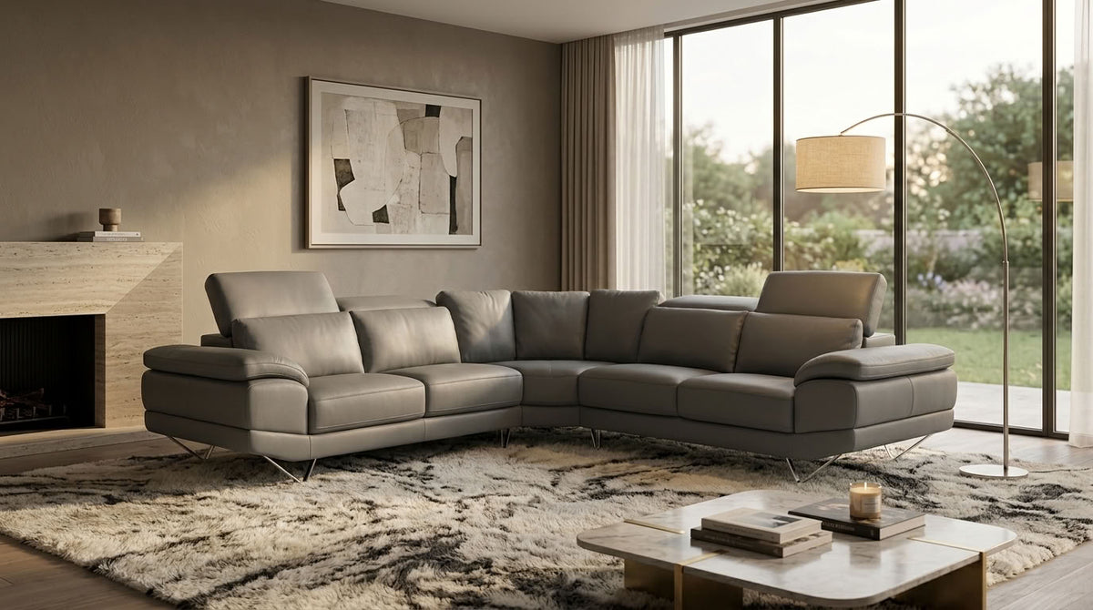 Luxury leather corner couch with adjustable headrests. GALERIA FURNITURE SOUTH AFRICA.